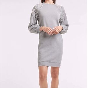 Express Gray Long Sleeve Dress with Pearl Details